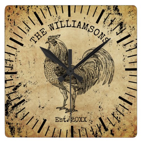 Rustic Vintage Antique Family Name Farm Rooster La Square Wall Clock