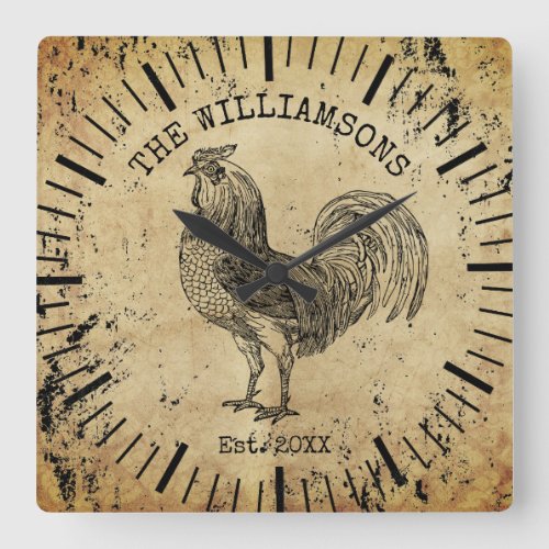 Rustic Vintage Antique Family Name Farm Rooster La Square Wall Clock
