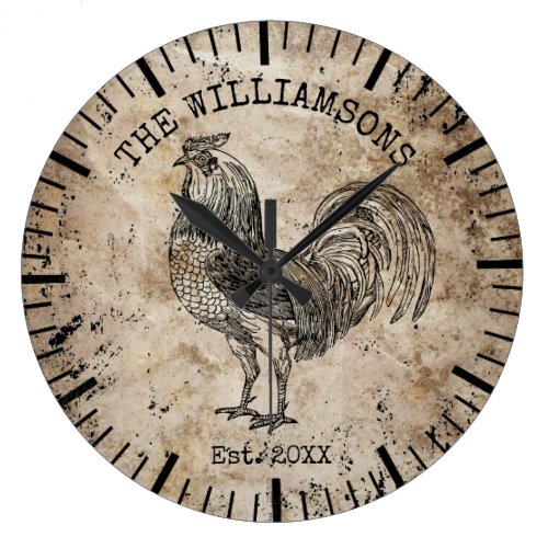 Rustic Vintage Antique Family Name Farm Rooster Large Clock