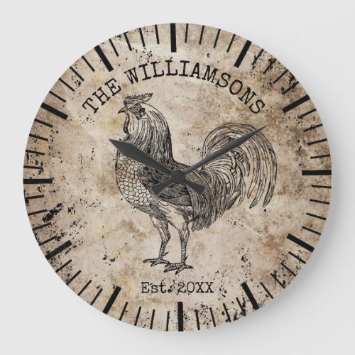Rustic Vintage Antique Family Name Farm Rooster Large Clock