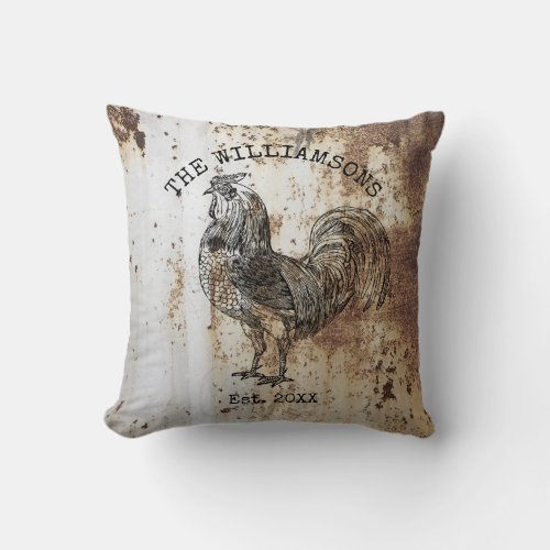 Rustic Vintage Antique Family Name Farm Rooster Throw Pillow