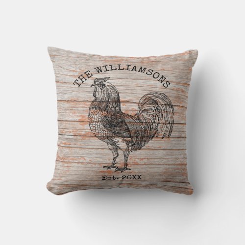 Rustic Vintage Antique Family Name Farm Rooster Throw Pillow