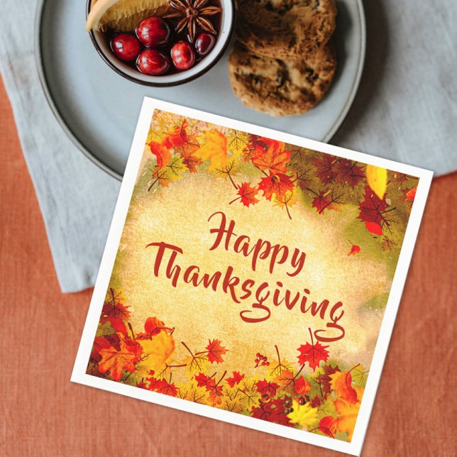 Rustic Vintage Autumn Leaves Happy Thanksgiving Napkins (Creator Uploaded)