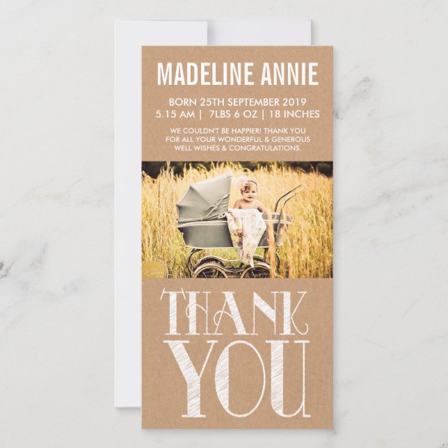 Rustic Vintage Baby Birth Thank You Photo (Front)