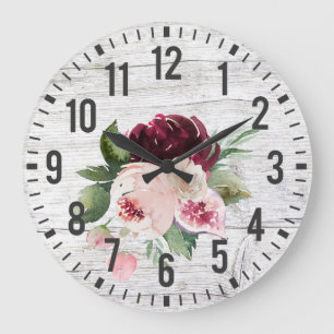 Rustic Vintage Barn Wood Burgundy Pink Floral Large Clock