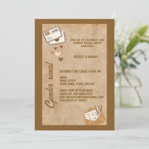 rustic vintage beige gender reveal party invitation
