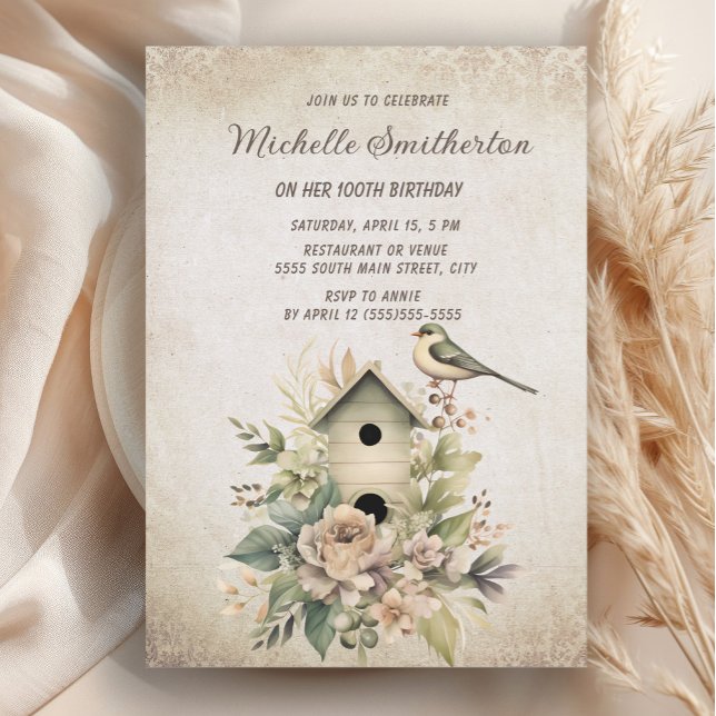 Rustic Vintage Birdhouse Flowers 100th Birthday Invitation (Rustic, vintage birdhouse 100th birthday party invitation)