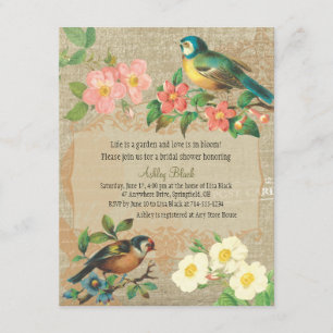 Rustic Vintage Birds and Flowers Bridal Shower Invitation