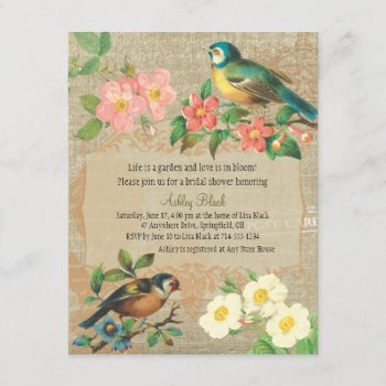 Rustic Vintage Birds And Flowers Bridal Shower Invitation by jardinsecret at Zazzle