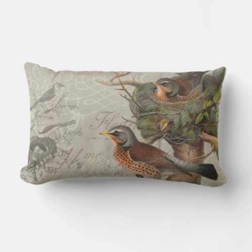 Rustic Vintage Birds Nest Woodland Gray Script  Lumbar Pillow