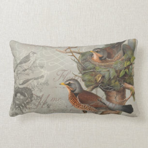 Rustic Vintage Birds Nest Woodland Gray Script  Lumbar Pillow