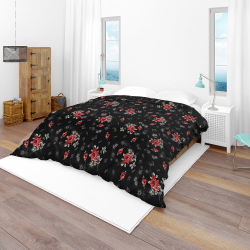 Rustic Vintage Black Background Red Rose Pattern  Duvet Cover