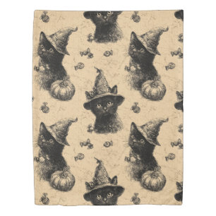 Rustic Vintage Black Cat Witch Halloween Pattern Duvet Cover