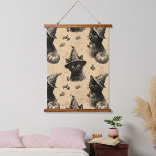 Rustic Vintage Black Cat Witch Halloween Pattern Hanging Tapestry