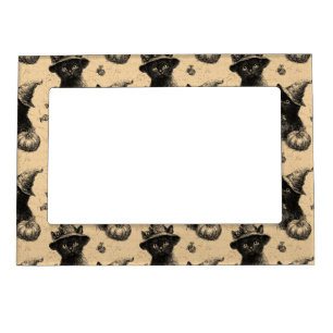 Rustic Vintage Black Cat Witch Halloween Pattern Magnetic Frame