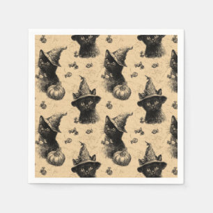 Rustic Vintage Black Cat Witch Halloween Pattern Napkins