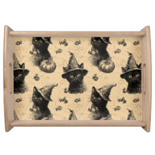 Rustic Vintage Black Cat Witch Halloween Pattern Serving Tray