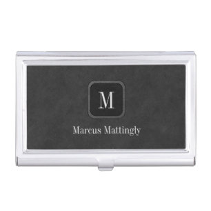 Rustic Vintage Black Gray Leather Monogram Name Business Card Case