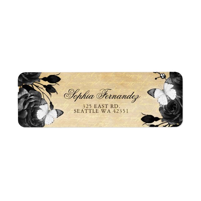 Rustic Vintage Black Roses Floral Butterfly  Label (Front)