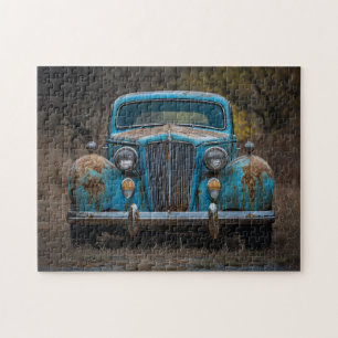 Rustic Vintage Blue Car Jigsaw Puzzle