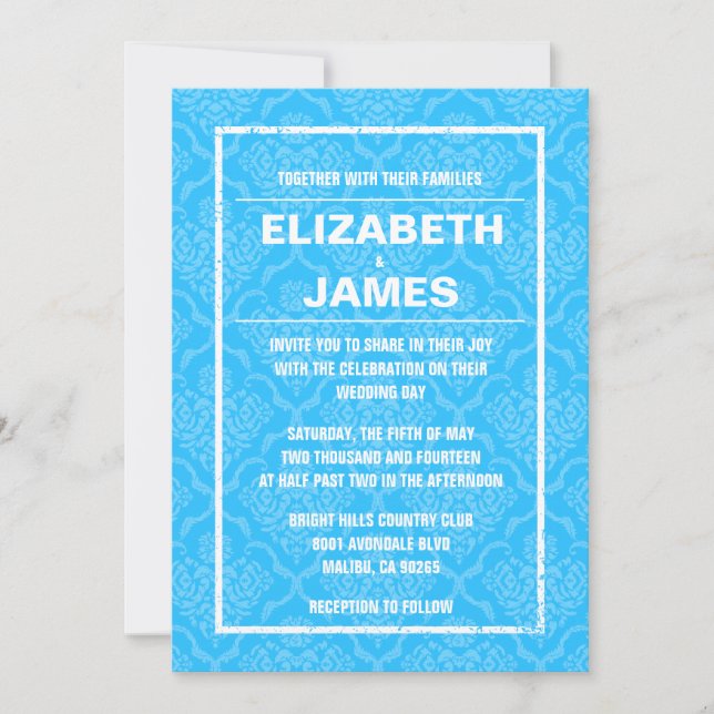Rustic Vintage Blue Damask Wedding Invitations (Front)