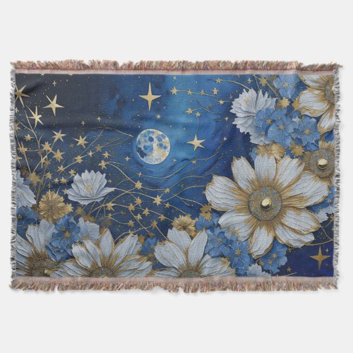 Rustic Vintage Blue Floral Flowers Star Moon  Throw Blanket