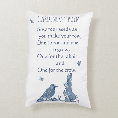 Rustic Vintage Blue Garden Poem Rabbit Crow Seeds Accent Pillow