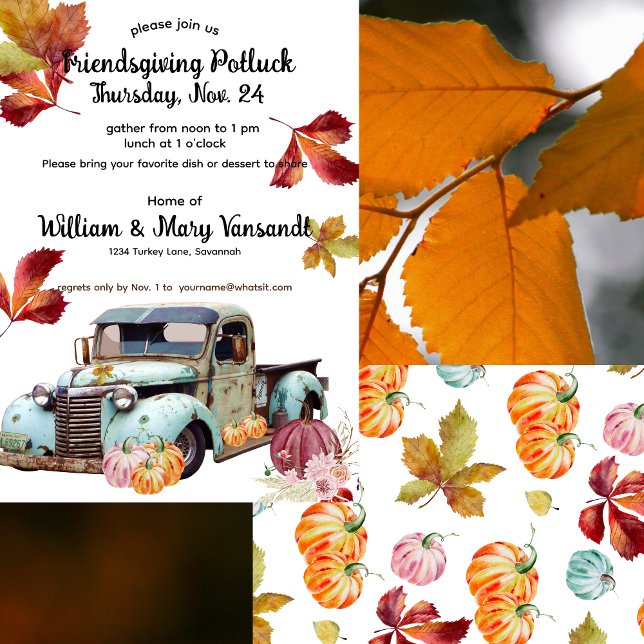 Rustic Vintage Blue Truck Friendsgiving Potluck Invitation (Creator Uploaded)
