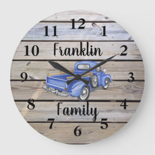 Rustic Vintage Blue Truck Wood Family Name Large Clock