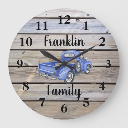 Rustic Vintage Blue Truck Wood Family Name Large Clock