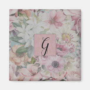 Rustic Vintage Blush Pink Floral Pattern Monogram Magnet