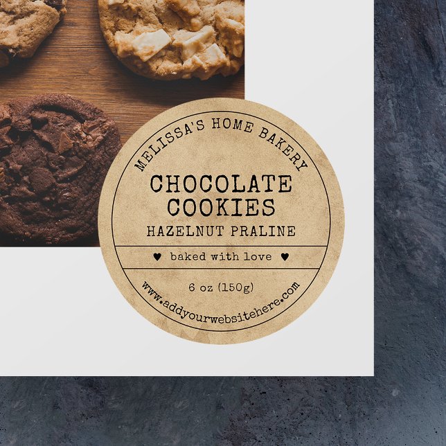 Rustic Vintage Brown Paper Cookies Bakery Label (Rustic brown paper effect round bakery food labels with vintage fonts & minimal layout)