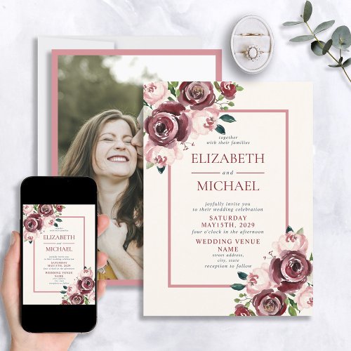 Rustic Vintage Burgundy Blush Floral Photo Wedding Invitation