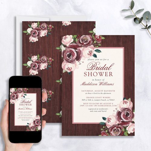 Rustic Vintage Burgundy Blush Pink Bridal Shower Invitation