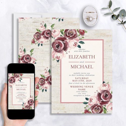 Rustic Vintage Burgundy Blush Rose Floral Wedding Invitation