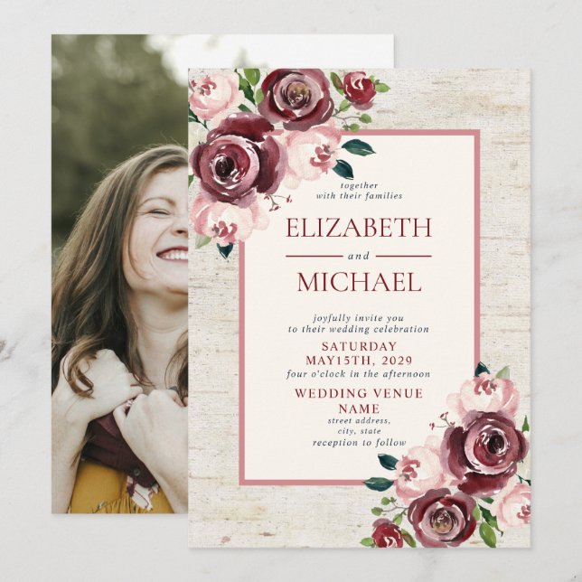 Rustic Vintage Burgundy Blush Rose Photo Wedding Invitation (Front/Back)