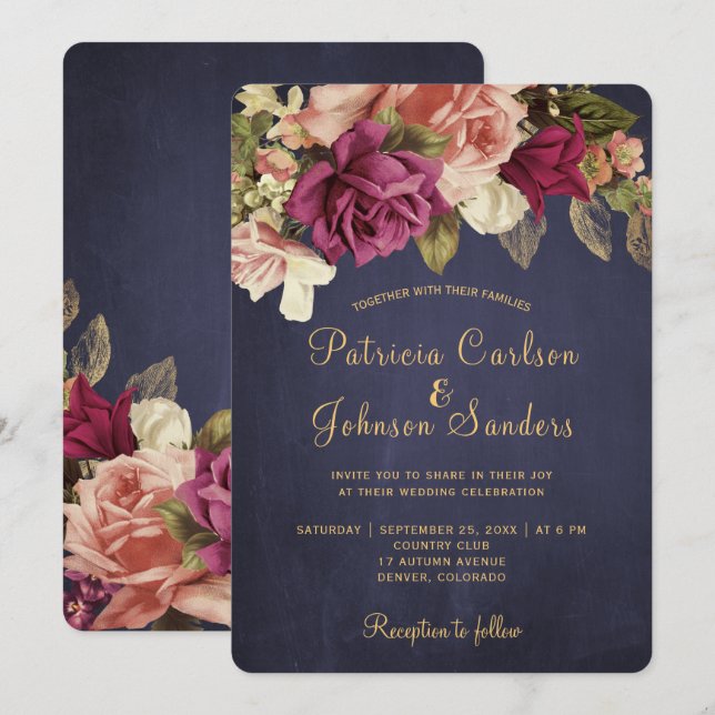 Rustic vintage burgundy floral chalkboard wedding invitation (Front/Back)