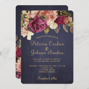 Rustic vintage burgundy floral chalkboard wedding invitation