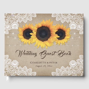 Rustic Vintage Burlap and Lace Sunflower Wedding Guest Book
