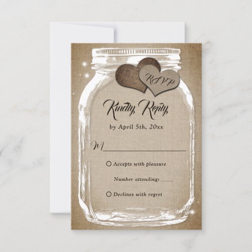 Rustic Vintage Burlap Heart Mason Jar Wedding RSVP Card
