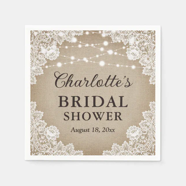 Rustic Vintage Burlap Lace Bridal Shower Napkins | Zazzle