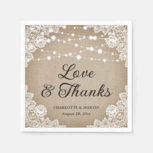 Rustic Vintage Burlap Lace Love and Thanks Wedding Napkins