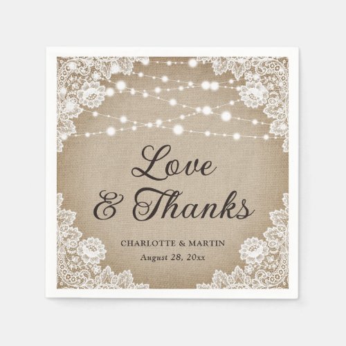 Rustic Vintage Burlap Lace Love and Thanks Wedding Napkins