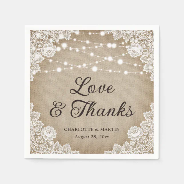 Rustic Vintage Burlap Lace Love and Thanks Wedding Napkins | Zazzle