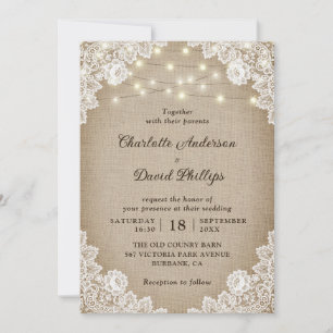Rustic Vintage Burlap Lace String Lights Wedding Invitation