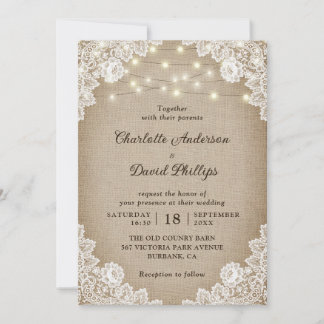 Rustic Vintage Burlap Lace String Lights Wedding Invitation