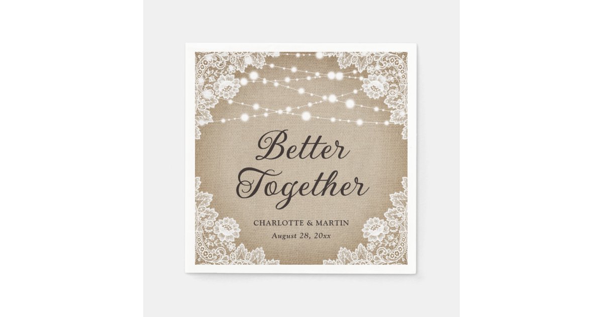 Rustic Vintage Burlap Lace String Lights Wedding Napkins | Zazzle