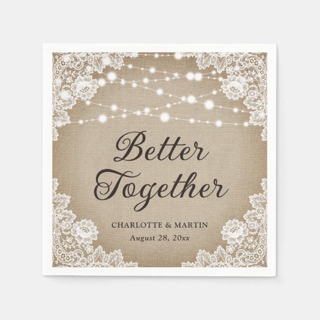 Rustic Vintage Burlap Lace String Lights Wedding Napkins (Front)