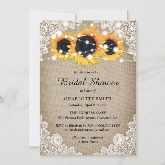 Rustic Vintage Burlap Lace Sunflower Bridal Shower Invitation (Front)