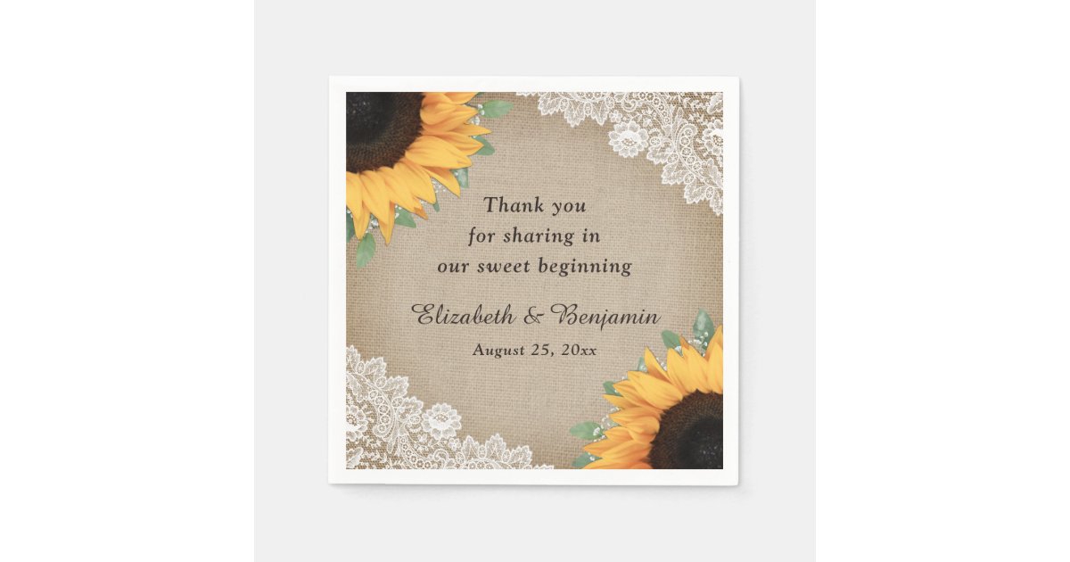 Rustic Vintage Burlap Lace Sunflower Wedding Napkins | Zazzle